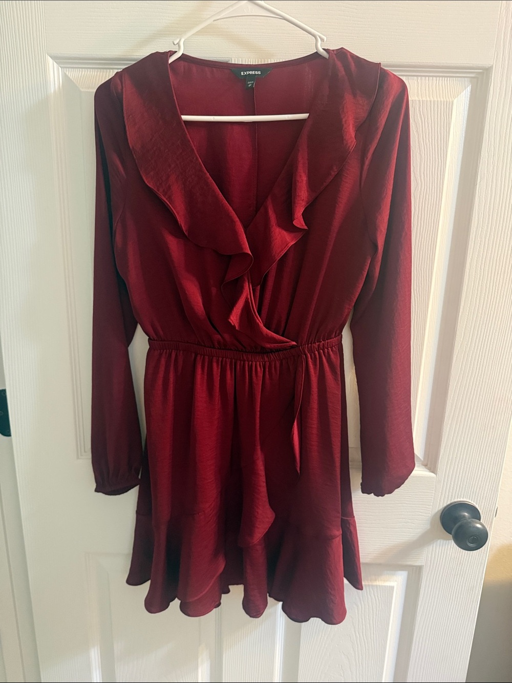 Express Long Sleeve Ruffle Wrap Dress - Burgundy Red